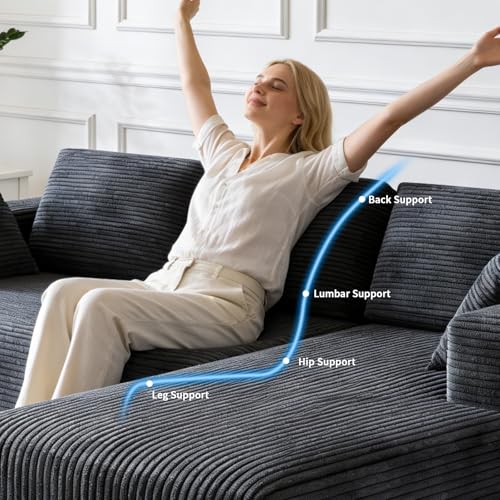 Image of 106 inch Corduroy Sectional Couch, Boneless L Shaped Couch with Deep Seat, Cloud Foam Sofa with Oversized Chaise, Sectional Sofa No Assembly Needed for Living Room