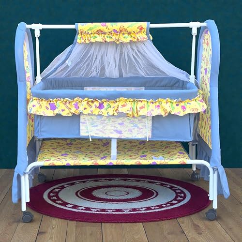 Image of Kiddery Apollo Baby Cradle (Yellow) | Newborn to 12 Months | Premium Swing Cradle with Mosquito Net, Wheels & Lock | Strong Metal Frame | Comfortable Sleeping Jhula