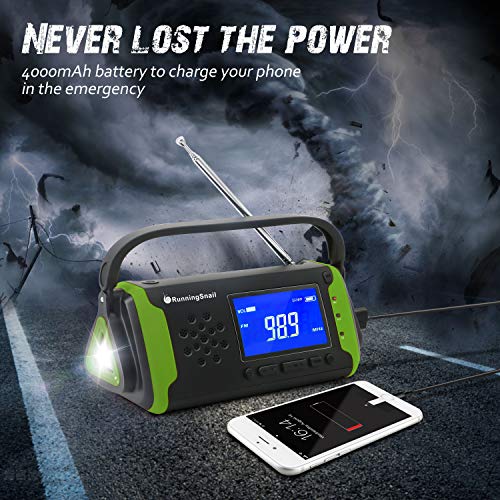 Emergency NOAA Weather Crank Solar Powered Portable Radio with 4000mAh Battery Power for Cell Phone, Bright Flashlight for Household Emergency and Outdoor Survival (097-Green)