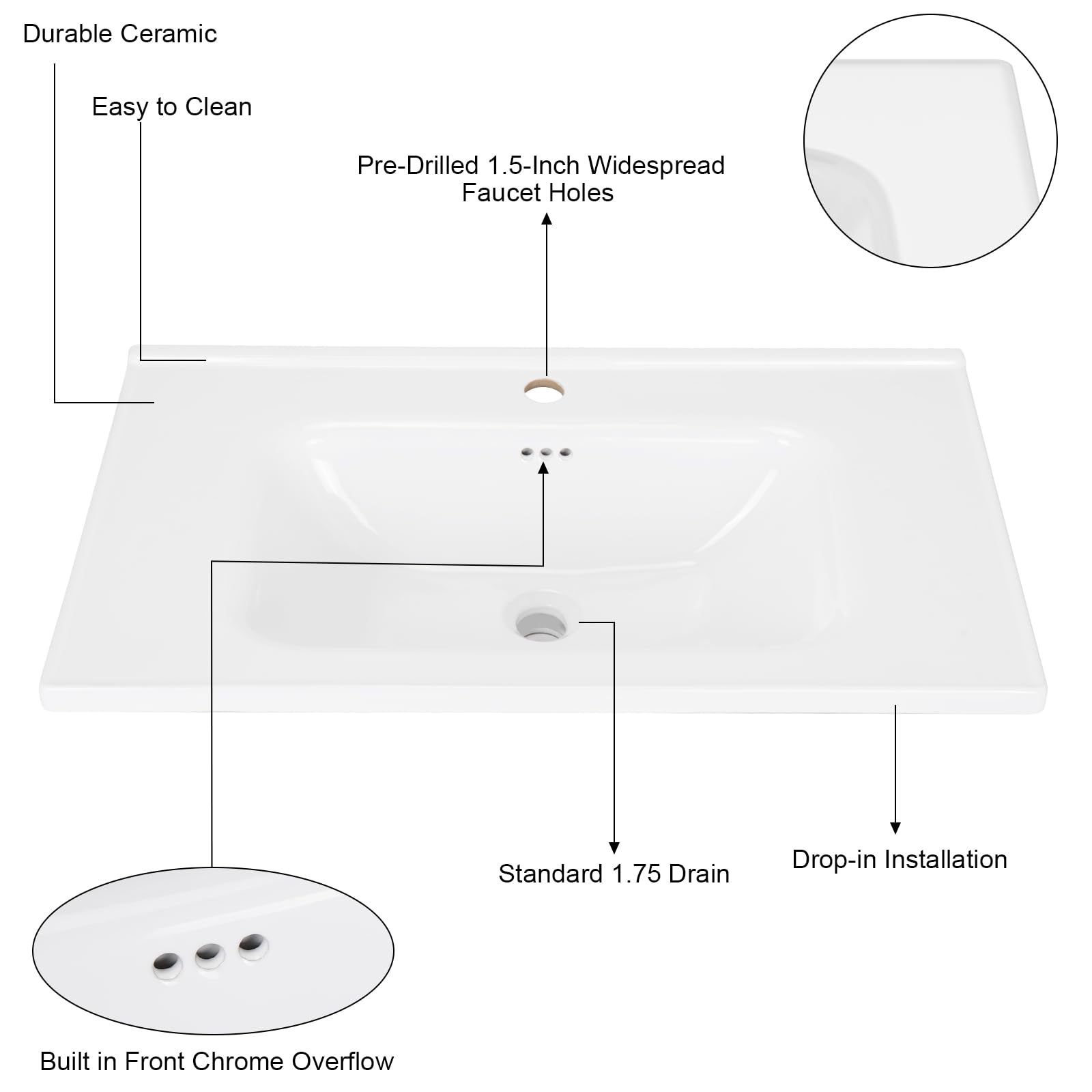 Lavabo empotrable de cerámica con orificio para grifo, 60 x 47 x 15 cm