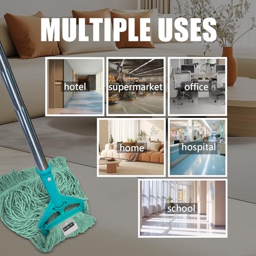 Image of Commercial Cotton Mop Heavy-Duty Industrial with 2 Replacement Heads 152 cm Handle Replacement mop Head (Green)