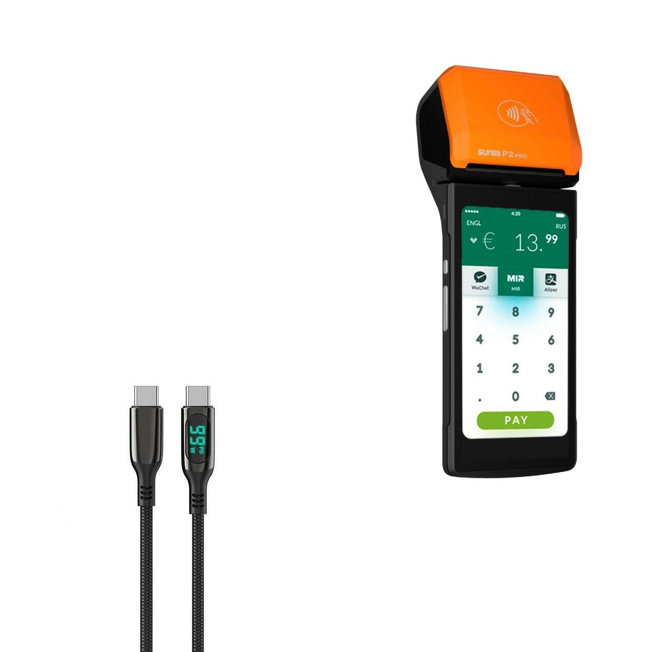 BoxWave Cable Compatible with Sunmi P2 Pro - PowerDisplay PD Cable (6ft) - USB-C to USB-C (100W), LED Display 6 Foot PD Braided Nylon Cable for Sunmi P2 Pro - Jet Black