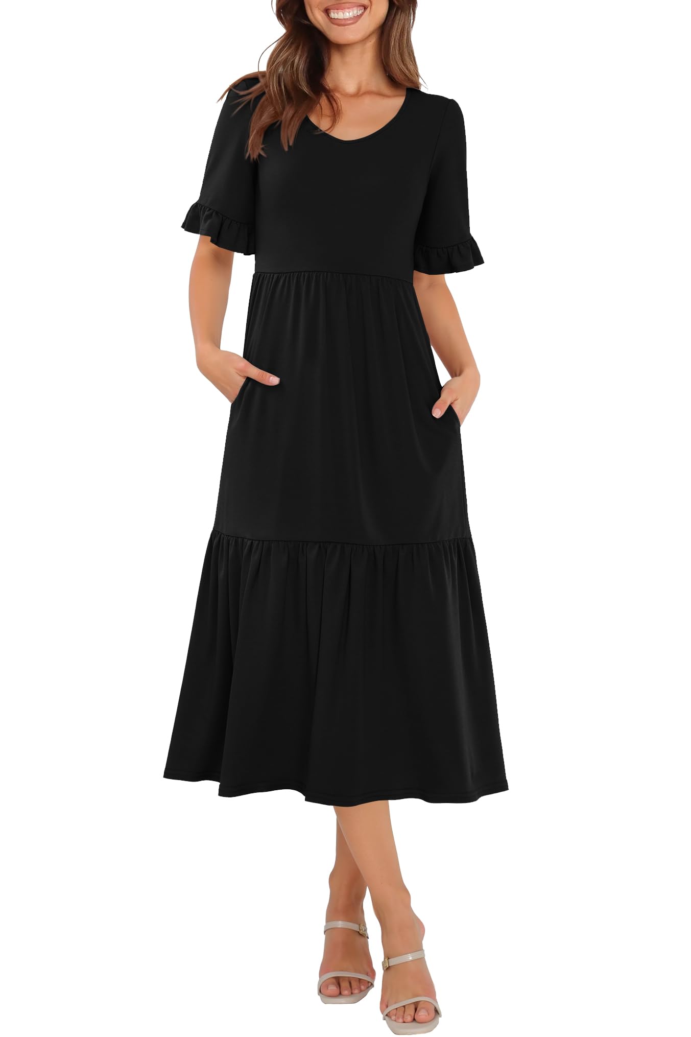 LUXVEER Womens Casual Summer Dress Casual Ruffle Short Sleeve V Neck A Line Flowy Tiered Beach Maxi Dresses with Pockets