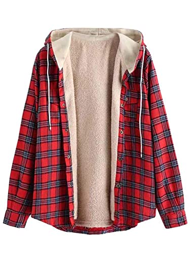 ZAFUL Men's Casual Plaid Fleece Jacket Unisex Men Drawstring Hooded Coat Fuzzy Hoodie