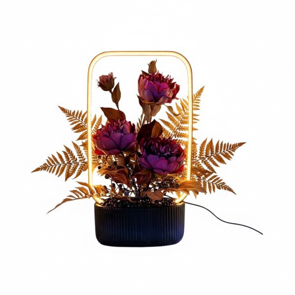 Modern LED Floral Table Lamp 37cm – Decorative Purple Peony & Fern Accent Light with Black Ribbed Base, Contemporary Mood Lighting for Bedroom, Living Room or Office – Mains Operated