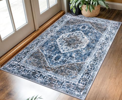 KOZYFLY Boho Area Rug 3x5 Ft Rugs for Entryway Washable Entry Rug Non Slip Door Mat Indoor Entrance Blue Printed Faux Wool Vintage Kitchen Rug Throw Rugs for Entrance Kitchen Living Room
