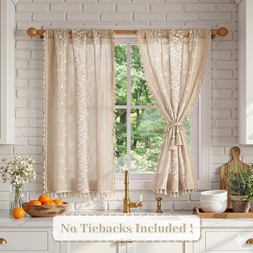 Image of MYSKY HOME Short Tiers Curtains 36 Inch Length Boho Floral Linen Blend | Small Cafe Window Tier Curtains for Farmhouse Vintage Drapes with Tassel Rod Pocket, Fog Taupe, 26 inch Wide, 2 Panels