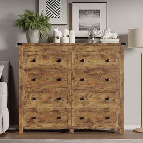 Image of BORNOON Tall 8-Drawer Dresser, Modern Wooden Storage Chest of Drawers, Dresser TV Stand, Wood Drawer Organizer with Metal Handles for Bedroom, Living Room, Hallway