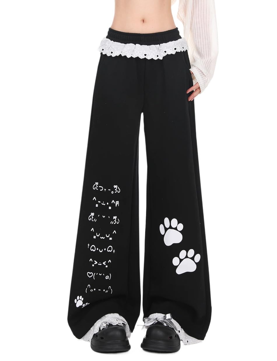 Womens Y2k Harajuku Kawaii Cat Paw Print Lace Trim Sweatpants Coquette Preppy Cute Loose Fit Casual Wide Leg