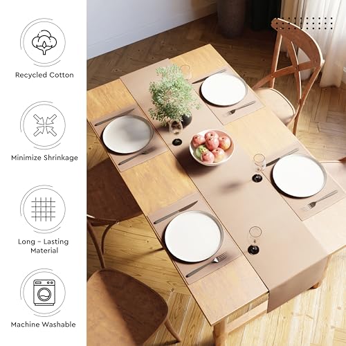 Image of Encasa XO Dining Table Runner for 4 to 6 Seater| Yarn Dyed Fine Ribbed Cotton | Size 32x150 cm | Solid Beige | Machine Washable