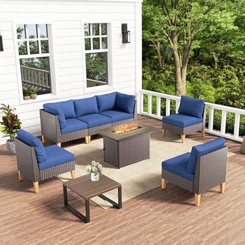 HUMMUH 8 Pieces Patio Furniture Set with Fire Pit,Outdoor Modular Sectional Couch Chairs with Table,All Weather PE Wicker Patio Conversation Sets for Deck Porch Backyard Cover