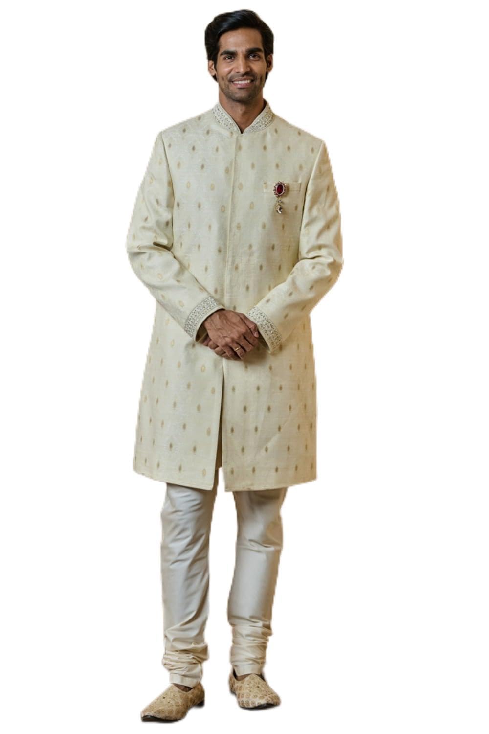 tasva Ivory Classic Sherwani With Embroidered Collar For Men-picture-32