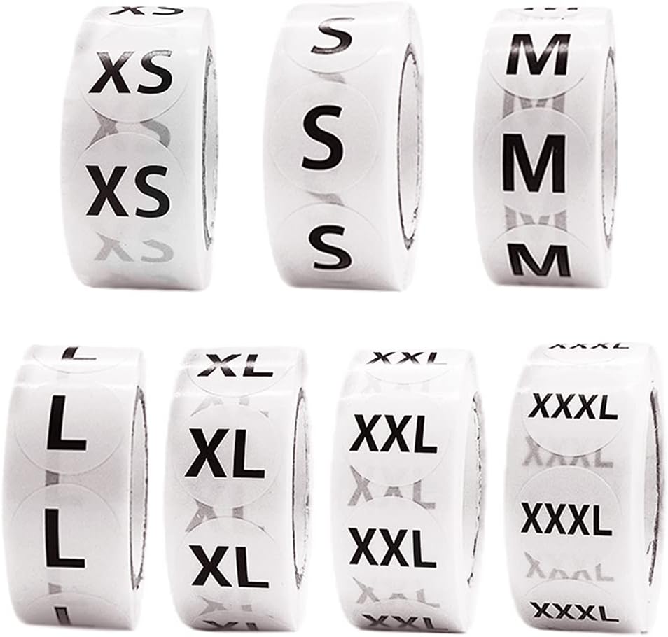 3500 PCS Clothing Size Stickers - Round Self Adhesive Labels, White with Black Text, 7 Sizes XS-XL, XXL, XXXL for T Shirts