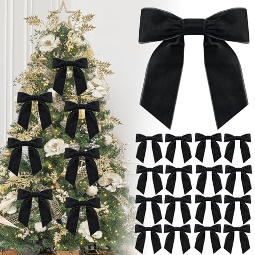 16P Christmas Black Velvet Ribbon Gift Bows 4.3 Black Velvet Bows with Twist Ties Christmas Tree Bow Vintage Wedding Velvets BowXmas Wreaths Garland Velvets Ribbon for Pretied Gift Wrapping Bows