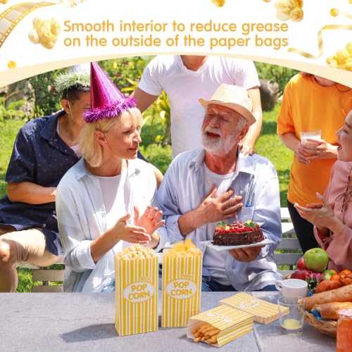 Image of Potchen 200 Pcs Paper Popcorn Bags Bulk 2 oz Large Individual Serving Popcorn Bag Flat Bottom Disposable Container Vintage for Movie Night Themed Summer Back to School Party Carnival (Yellow)