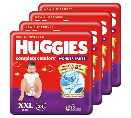 Image of Huggies Complete Comfort Wonder Pants | Pant Style Baby Diapers Double Extra Large (XXL) Size, 96 Count | India's Fastest Absorbing Diaper, Prevents Diaper Rash, Ideal for 15 to 25 Kgs (24 Count, Pack of 4)
