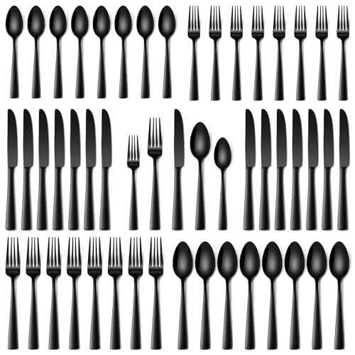 Stapava 40 Pcs Black Silverware Set, Food-Grade Stainless Steel Flatware Set for 8 Mirror Polished Cutlery Utensil Sets Include Dinner Knives Spoons and Forks Set Dishwasher Safe for Home Restaurant