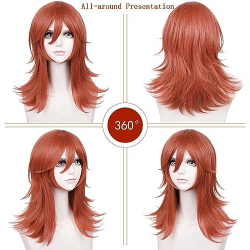 Image of LABEAUTE Anime Dark Orange Wig for Girls Women Cosplay Wig Long Curly Cosplay Wig with Bangs for CSM + Cap