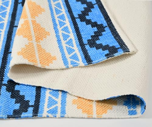 Image of SAGON 2x5 Ft Printed Runner Carpet - Cotton Bedside Rug for Bedroom & Living Room (Blue Kilim)