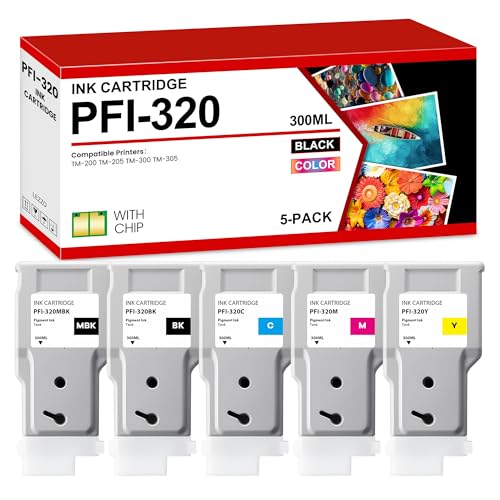 Image of Lezzo PFI-320 Ink Tank Set 300ml 5-Pack PFI-320MBK PFI-320BK PFI-320C PFI-320M PFI-320Y Replacement for Canon PFI-320 PFI320 Ink for ImagePROGRAF TM-200 TM-205 TM-300 TM-305 Printer Pigment Ink
