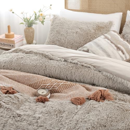 Smoofy Fluffy Queen Comforter Set, Faux Fur Fuzzy Plush Comforter, Soft Comforter Set Queen Size, Shaggy Bedding Set, 3 Pieces, 1 Comforter (90"x90") & 2 Pillow Cases (20"x26"), Oatmeal