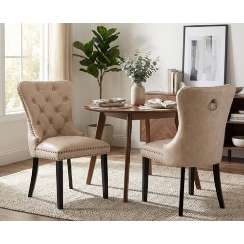 CIMOTA Beige Leather Dining Chairs Set of 2 Mid Century Modern Dining Room Chairs Tufted Upholstered Kitchen Dining Chairs Comfortable Side Chairs with Nailhead Trim/Ring Back (PU /2PCS)