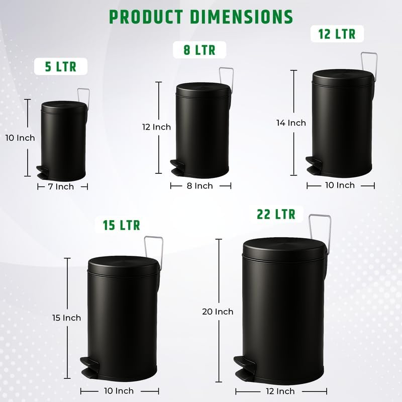 Image of Mumma's LIFE 15Litre Dustbin for Kitchen with Lid | Black Stainless Steel Pedal Trash Cans | Small Dustbins for Home, Bathroom, Bedroom & Toilet