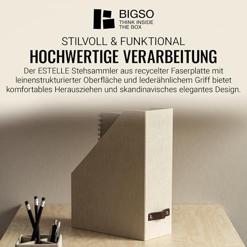 BIGSO ESTELLE Stehsammler für Zeitschriften, Magazine und Akten – praktischer Organizer aus Faserplatte und Papier in Leinenoptik – stabiler Zeitschriftenhalter mit Griff – beige