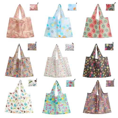 9 bolsas de compras reutilizables, bolsillos plegables, bolsas de compras ecológicas, impermeables, capacidad de 50 libras, lavables a máquina, adecuadas para artículos de compras diarias, 9 patrones