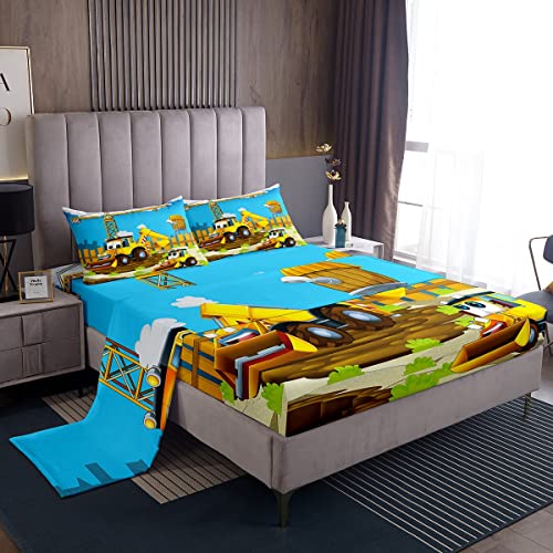 Kids Equipment Trucks Sheet Set Cartoon Construction Bulldozer Fitted Sheet for Women Men Bedroom Machinery Cars Bed Sheets Set Construction Site Bed Sheet Set including Deep Pocket Double