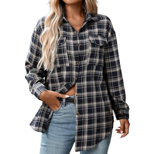 Chemise à carreaux pour femme haut surdimensionné chic et décontracté à manches longues