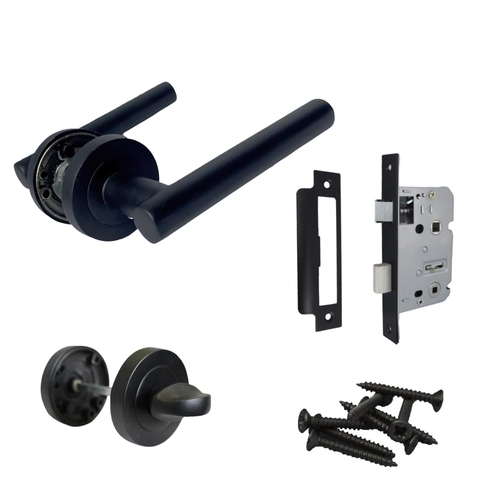Epsom Door Handle Matt Black Door Handles On Rose – 123Mm Modern Lever With 52Mm Round Rose | Contemporary Interior Handles | Packs & Complete Sets (1 X Bathroom Version)