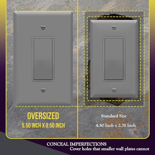 Image of ENERLITES Decorator Light Switch or Receptacle Outlet Wall Plate, Gloss Finish, Oversized 1-Gang 5.5 inch x 3.5 inch, Unbreakable Polycarbonate Thermoplastic, UL Listed, 8831O-GY, Gray