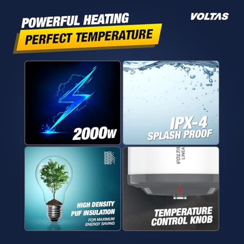 Image of Voltas Linea 15L 3 Star Horizontal Mounting 2000W Water Heater, with Quartzline Technology (Glassline Tank), Warranty: Tank 7 Years, Element 3 Years, 2 year Comprehensive