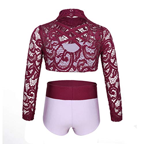 YiZYiF Girls' Kids 2 Piece Athletic Long Sleeve Turtleneck Crochet Top and Shorts Set for Workout/Gymnastics/Dancing2