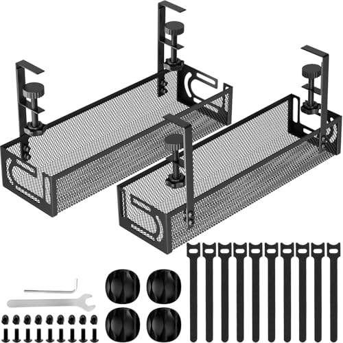 Tivddikun Cable Management 2 Pack Under Desk Cable Management Tray No Drill Metal Mesh Wire Organiser with Clamp for Standing Desk Cable Organiser for Home Office Black