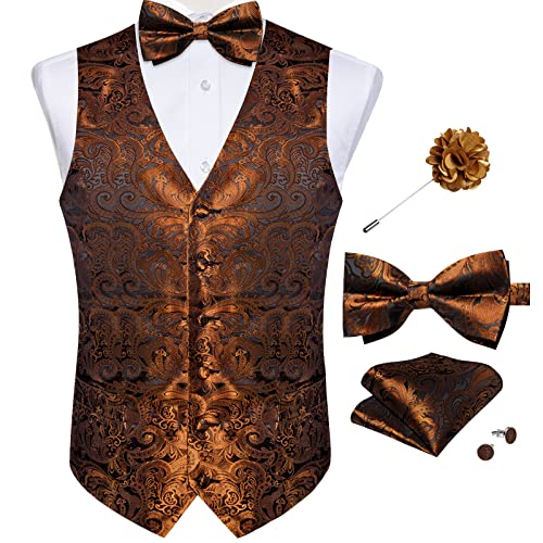 Image of DiBanGu Mens Paisley Suit Waistcoat,Silk Dress Vest and Bowtie Pocket Square Cufflinks with Lapel Pin Set for Wedding Tuxedo, Orange Gold, XX-Large