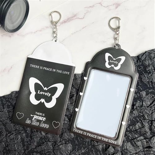 Black Cartoon Keychain ID Card Cover – Photocard Holder with Pendant, Protective Sleeve for Bus Pass, Credit, and ID Cards, 3-Inch Idol Photo Protector, Stationery Card Bag for Travel and Daily Use2