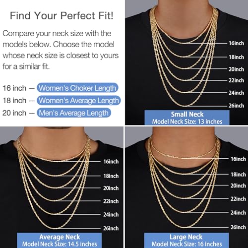 Jewlpire 2.5mm/3mm/4mm Stainless Steel Rope Chain Necklace for Men, 14K Over Gold Chain for Men and Women, Mens Jewelry Gift 16 18 20 22 24 26 Inch2