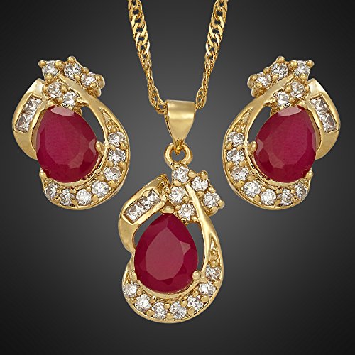 Rizilia Pear Cut Red Ruby Yellow Gold Plated Jewelry Set, Pendant With 18" Chain Stud Earrings #TOP2