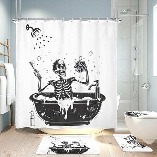 Image of 4PCS Funny Skull Skeleton Halloween 71Wx71H Inches Gothic Black White Shower Curtain Sets with Rugs, Toilet Lid Cover and Bath Mat, Spooky Bath Accessories Art Home Decor Fabric 12 Pack Hooks