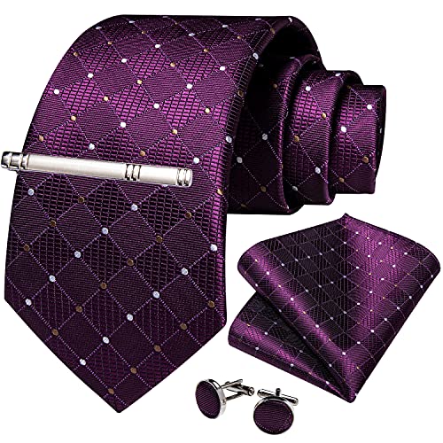 Image of DiBanGu Plaid Ties for Men Silk Checkered Necktie and Pocket Square Cufflinks Tie Clip Set with Gift Box for Wedding Business