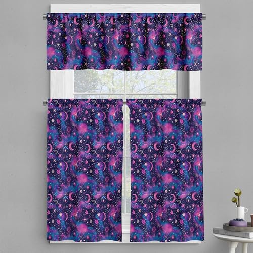 Ambesonne Mystical Valance & Tier Curtain 3 pcs Set, Trippy Magic Whimsical Starry Night with Moon Sun and Planets Print, Window Treatments for Kitchen Room Decor, 55
