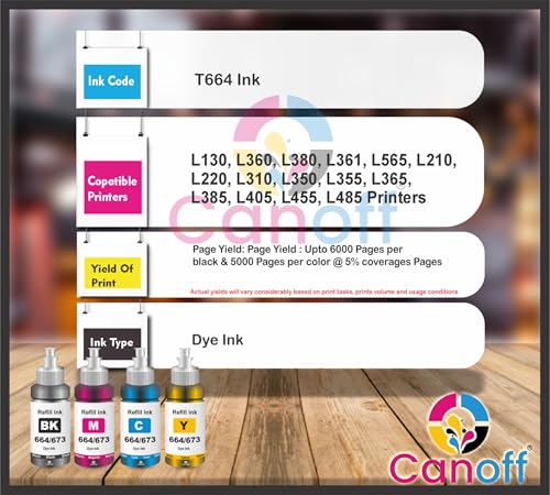 Image of CANOFF T664 Multicolor Refill Ink Compatible for Epson L130, L360, L380, L361, L565, L210, L220, L310, L350, L355, L365, L385, L405, L455, L485 Printers (T664 CMYK)