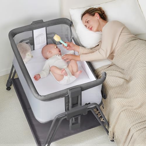 Image of Sweeby Baby Bassinet Bedside Sleeper, All Breathable Mesh Sides Crib and 7 Height Adjustable Easy Folding Portable Bassinet for Newborn Baby with Wheels,Included Mattress