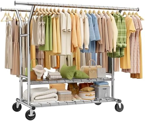 Double Portant a Vetement Solide à Roulettes,Penderie Extensible ...