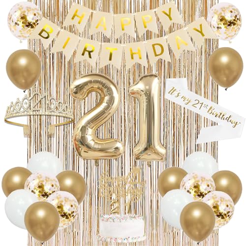 Image of Trgowaul 21st Birthday Decorations for her, Champagne Gold Happy 21st Birthday Supplies for Girls, 21 Sash and Crown, Banner, Fringe Curtains, Cake Topper, 21 Year Old Party Supplies Set