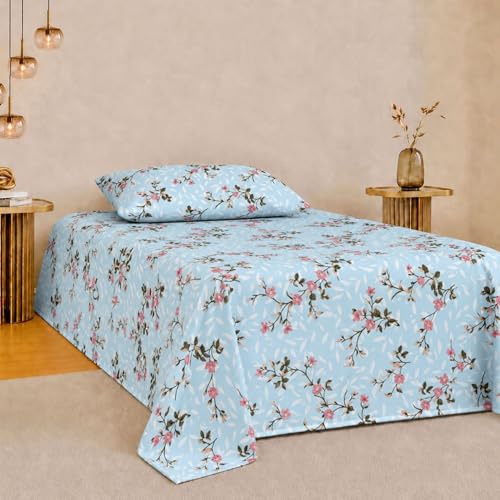 Image of Jaipur Weaves Bedsheet Single Size 100% Pure Cotton Bed Sheet with 1 Pillow Cover, 240 TC Premium Bedding Set, 63x90 inches, Super Soft Cozy(Spring Tulips Blue)