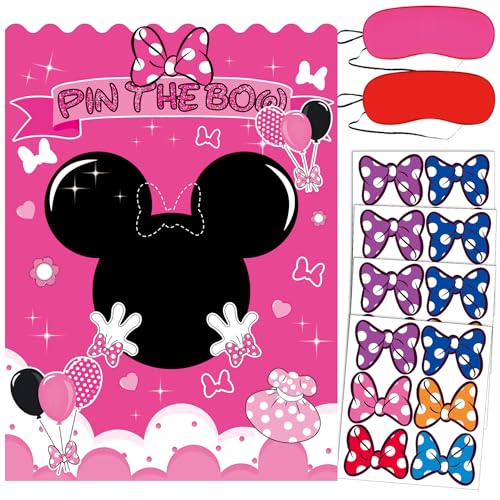 Pink Mouse Birthday Party Decor,Pink Mouse Eye Masks, Polka Dot Tape,Pink Mouse Large Poster With 24Pcs Bow Stickers for Birthday Favors