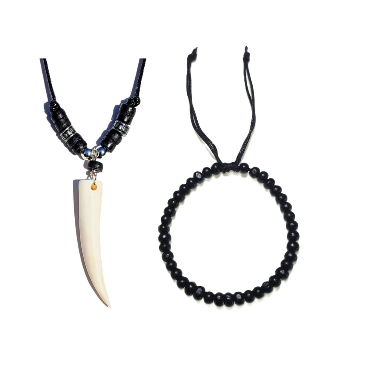 BOYS MENS NECKLACE AND BRACELET GIFT SET -FAKE WOLF SHARK TOOTH SHAPED PENDANT-